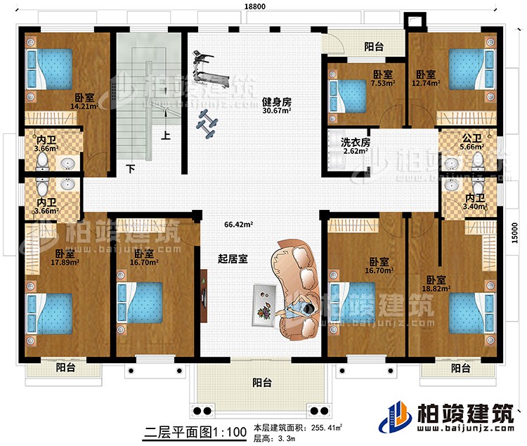 二層：7臥室、起居室、健身房、3內衛、公衛、洗衣房、4陽臺