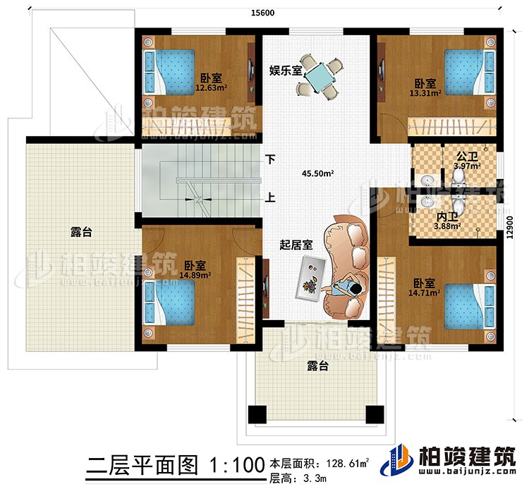 二層：4臥室，內衛，公衛，起居室，樓梯，棋牌室，2露臺