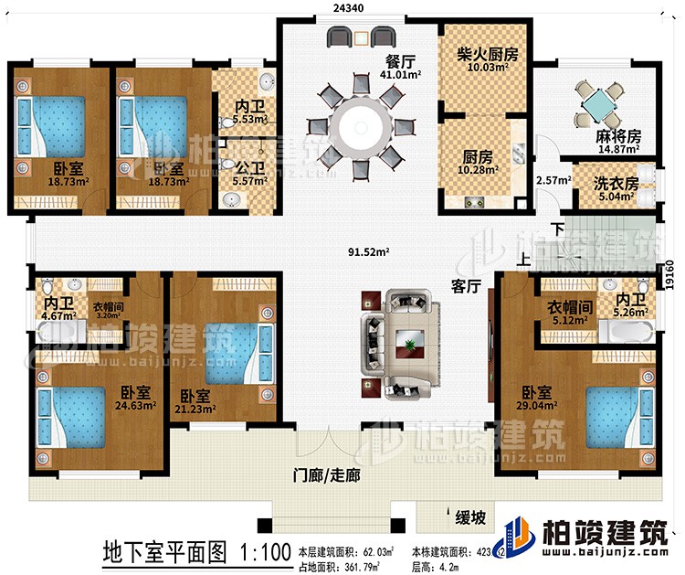 一層：門廊/走廊、緩坡、客廳、餐廳、廚房、柴火廚房、洗衣房、麻將房、3內衛、公衛、2衣帽間、5臥室