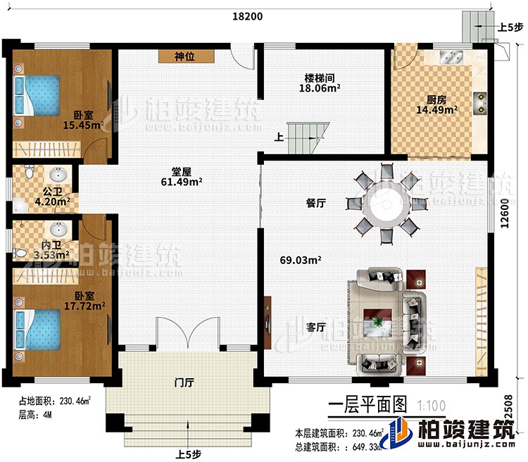 一層：門廳、堂屋、客廳、餐廳、廚房、2臥室、樓梯間、內衛、公衛