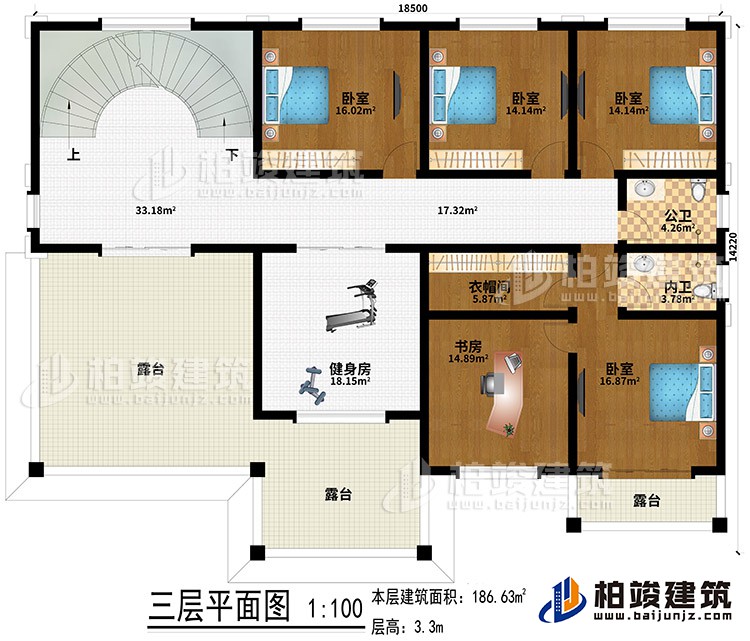 三層：4臥室、健身房、書房、衣帽間、3露臺、公衛、內衛