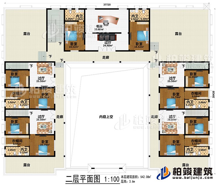 二層：內庭上空、5過廳、書房、3走廊、4露臺、10臥室、4衣帽間、6內衛