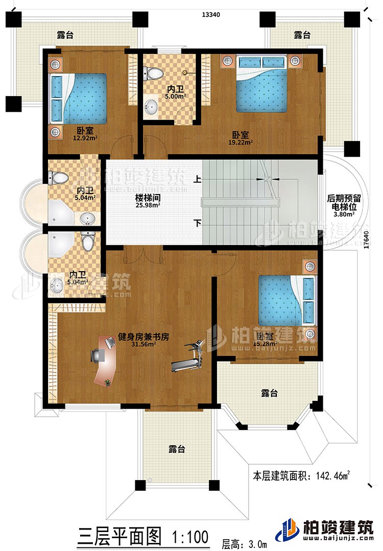 三層：樓梯間、健身房兼書房、3臥室、3內衛、后期預留電梯位、4露臺