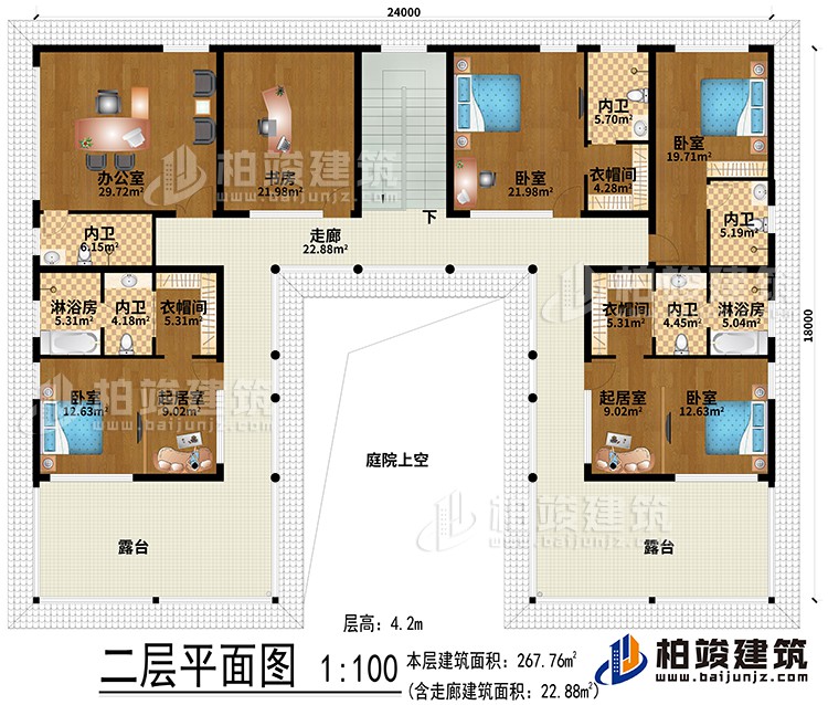 二層：辦公室、書房、2起居室、3衣帽間、4臥室、2淋浴房、5內衛、走廊、2露臺、庭院上空