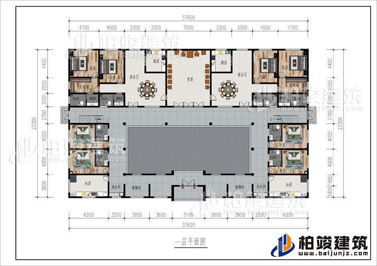 一層：2儲物間、2洗衣間、2灶房、8臥室、2衣帽間、2公衛、6內衛、2廚房、2宴會廳、堂屋