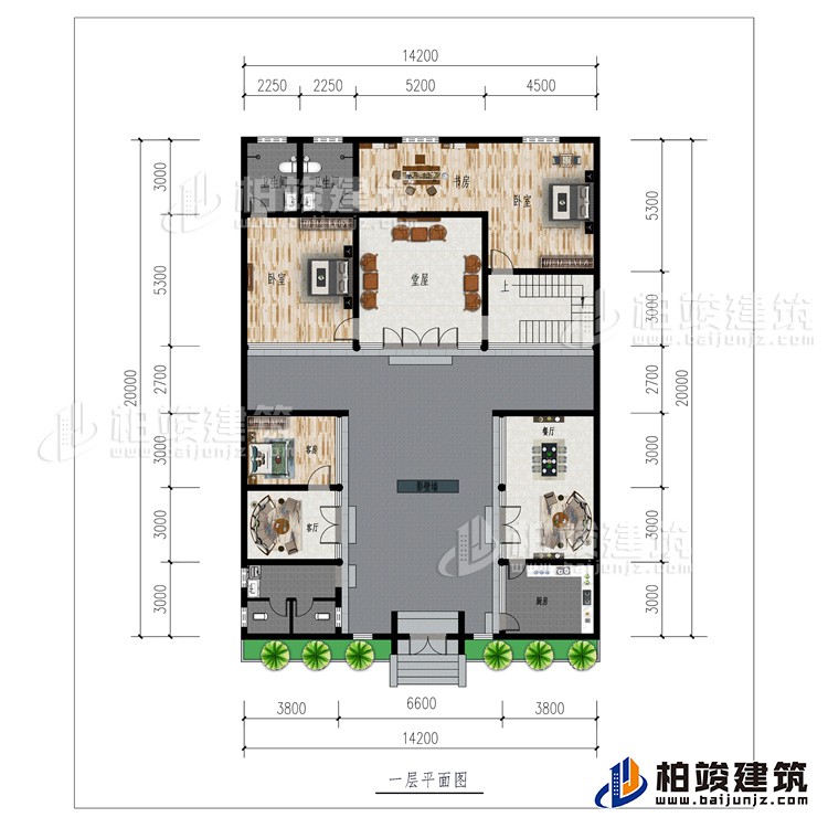 一層：廚房、2客廳、餐廳、公衛、3臥室、影壁墻、堂屋、書房、2內衛