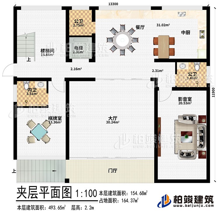 夾層：門廳、大廳、棋牌室、影音室、中廚、餐廳、電梯、樓梯間、2公衛、內衛