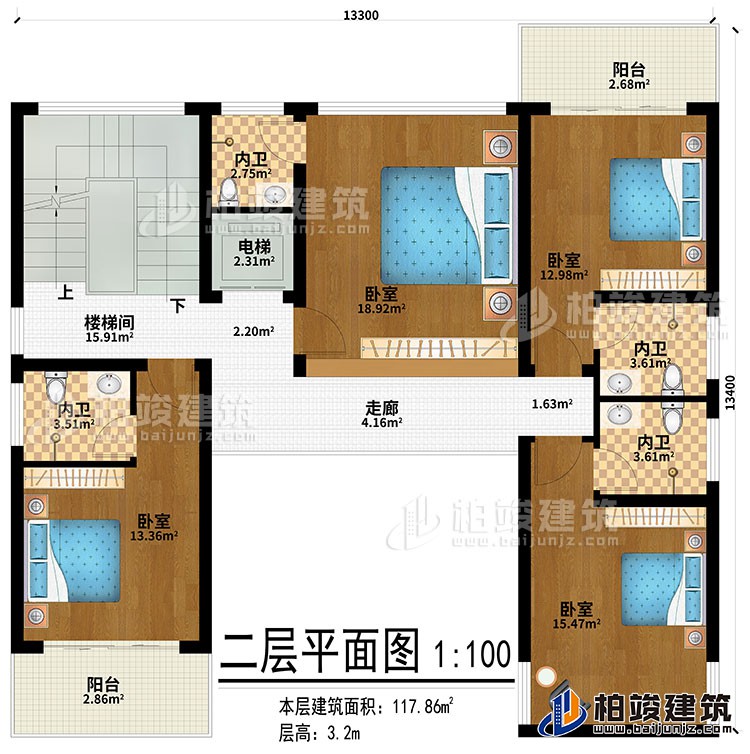 二層：走廊、4臥室、4內衛、2陽臺、樓梯間、電梯