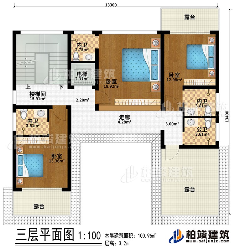 三層：走廊、3臥室、3內衛、3露臺、樓梯間、電梯、公衛