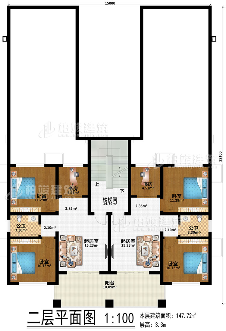 二層：2起居室、2書房、4臥室、2公衛、樓梯間、陽臺