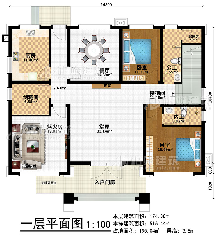 一層：入戶門廊、無障礙通道、廚房、餐廳、儲藏間、烤火房、公衛、加壓房、樓梯間、2臥室、內衛