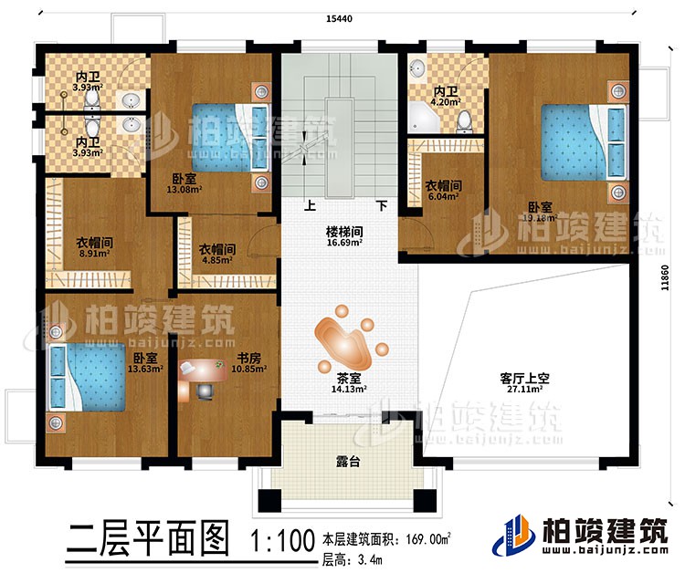 二層：茶室、樓梯間、客廳上空、3臥室、3衣帽間、書房、3內衛、露臺