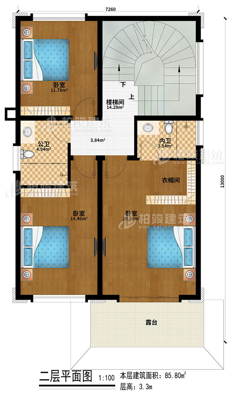 二層：3臥室、樓梯間、衣帽間、公衛、內衛、露臺
