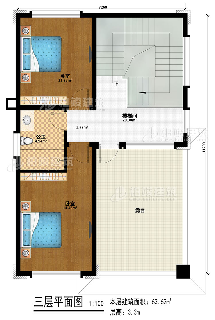 三層：2臥室、樓梯間、公衛、露臺