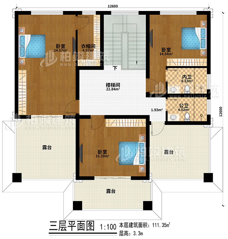 三層：樓梯間、3臥室、公衛、內衛、3露臺、衣帽間