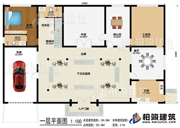 一層：入戶門廊、下沉式庭院、樓梯間、洗衣區、中堂、烤火房、工具房、餐廳、廚房、車庫、臥室、內衛、過廊