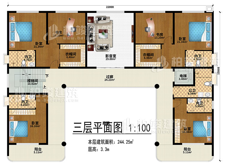 三層：影音室、過廊、樓梯間、電梯、4臥室、2衣帽間、2書房、4內衛、公衛、2陽臺