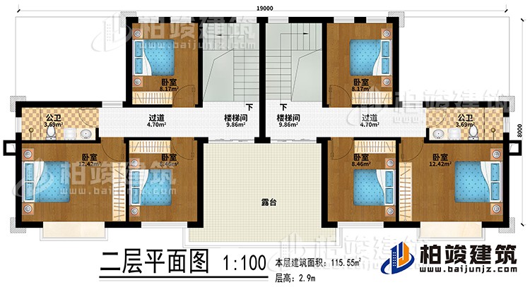 二層：2樓梯間、6臥室、2公衛、2過道、露臺